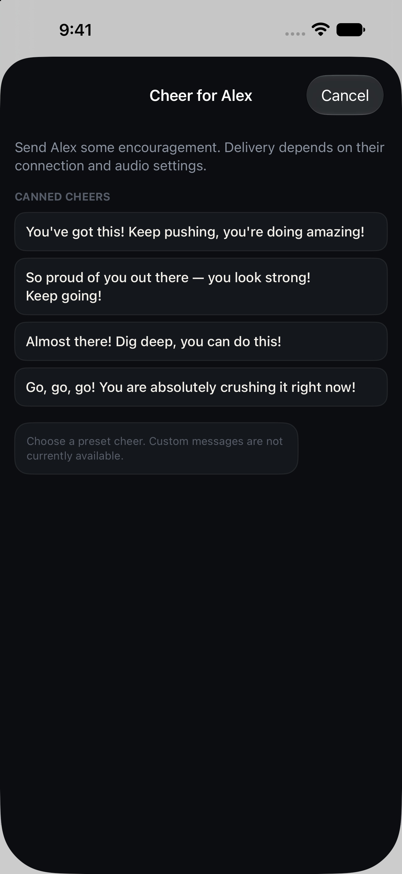 MileMarX screen with preset encouragement buttons and an optional custom cheer