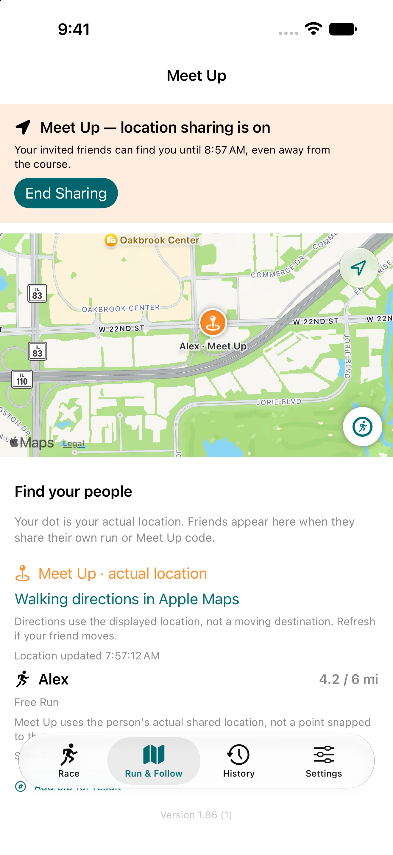 MileMarX Meet Up screen with a friend on the map and an End Sharing control