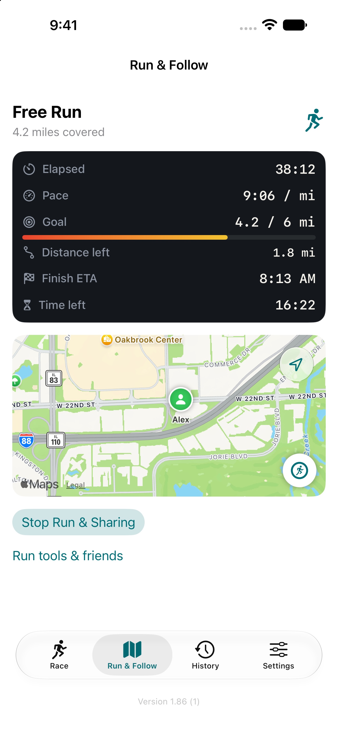 MileMarX Free Run screen showing distance, pace, time and a map